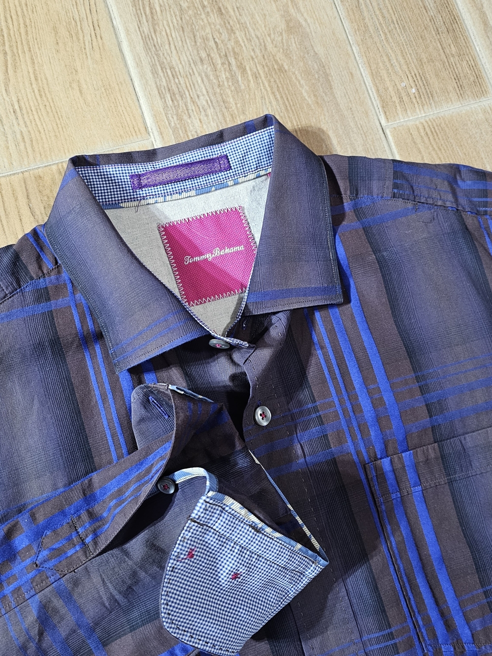 Tommy Bahama Men's Blue Plaid Button-Up Shirt, Size Large
